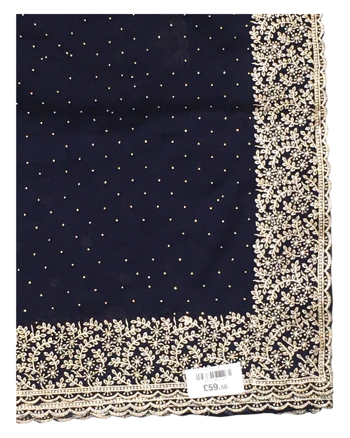 Navy Blue - Chiffon Crepe - Party Wear Embroidered Saree with Blouse Piece - SP2504012 KP