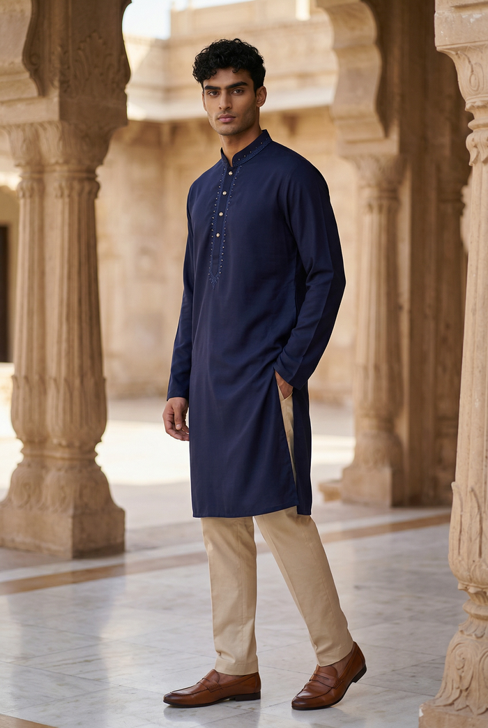 Navy Blue - Linen -  Mens Indian Kurta set - Weddings / Walimas , Sangeet, Eid, Mehndi / Henna - NAD2507 01KA25