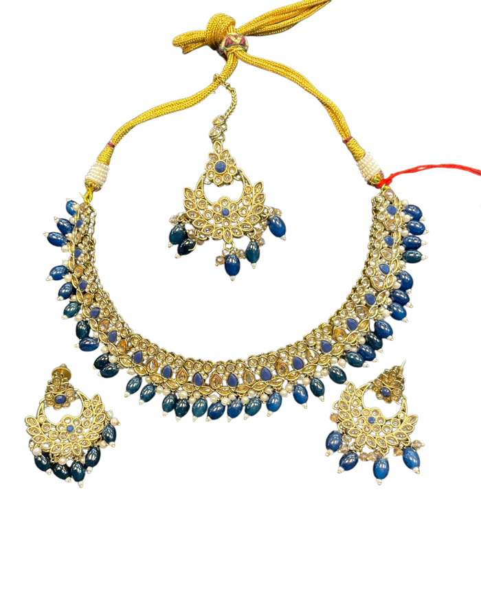 Navy Blue - Medium Size Antique Gold Finish Necklace Set with Earrings - RZ31 KYp