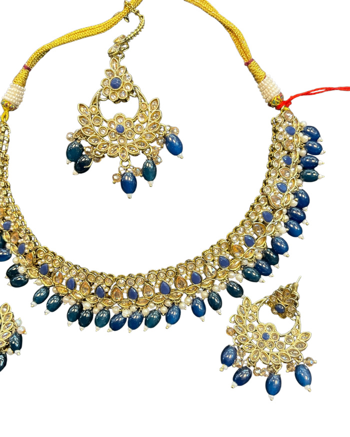 Navy Blue - Medium Size Antique Gold Finish Necklace Set with Earrings - RZ31 KYp