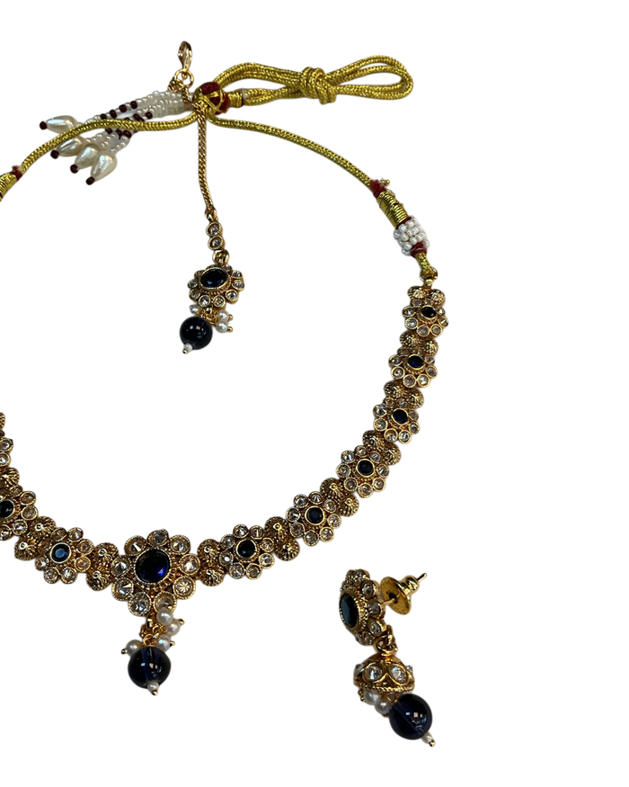 Navy Blue - Medium Size Gold Finish Necklace Set with Earrings & Head Piece - SLV90 04Cp26