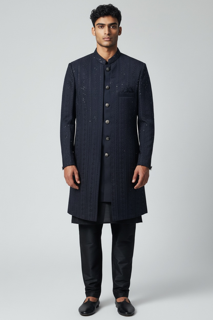 Navy Blue - Mens Knee Length  Jacket with Long Waistcoat - Sherwani / Indo-Western - Fantastic Fit - KCS6625 03TT26