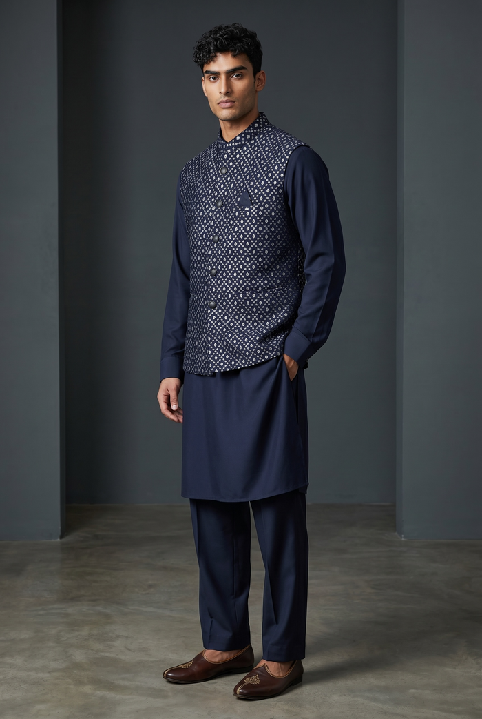 Navy Blue - Mens Kurta Set with Rich Brocade Waistcoat  - UK Stock - Quick Dispatch - SHU2609 05VV26