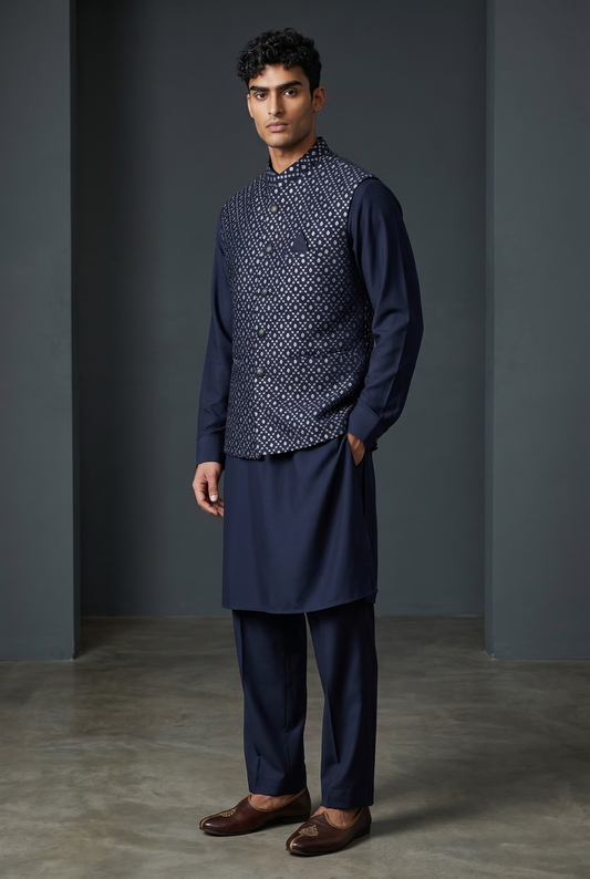 Navy Blue - Mens Kurta Set with Rich Brocade Waistcoat  - UK Stock - Quick Dispatch - SHU2609 05VV26