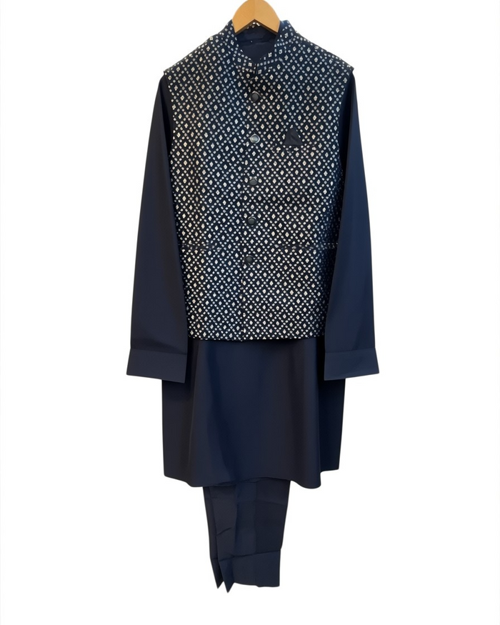 Navy Blue - Mens Kurta Set with Rich Brocade Waistcoat  - UK Stock - Quick Dispatch - SHU2609 05VV26