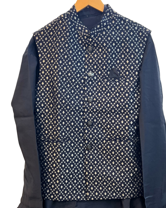 Navy Blue - Mens Kurta Set with Rich Brocade Waistcoat  - UK Stock - Quick Dispatch - SHU2609 05VV26