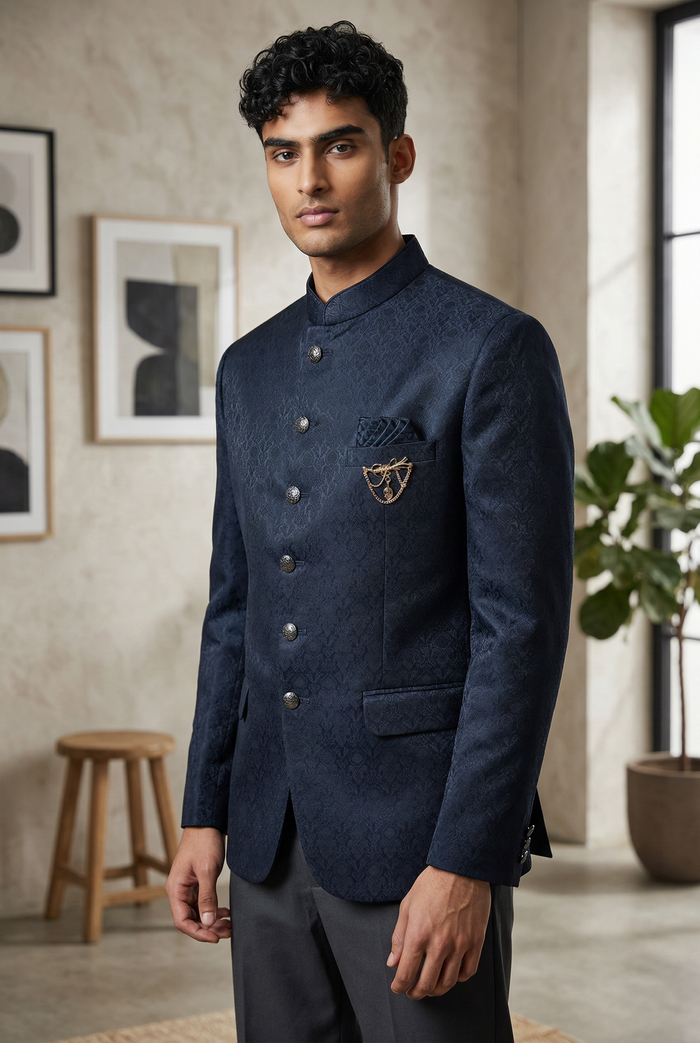 Navy Blue - PREMIUM Slim Fit Mens Self Brocade BandhGala / Prince / Chinese Collar Jacket - Fantastic Fit - CS2501 01TA25