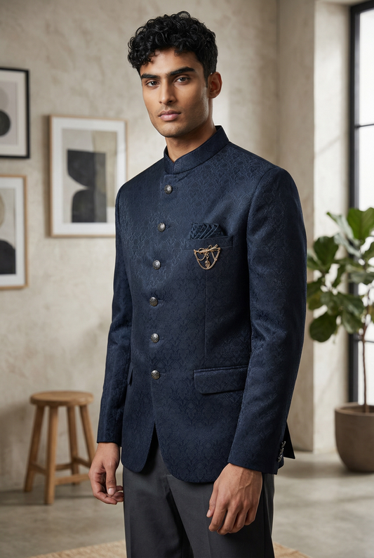 Navy Blue - PREMIUM Slim Fit Mens Self Brocade BandhGala / Prince / Chinese Collar Jacket - Fantastic Fit - CS2501 01TA25