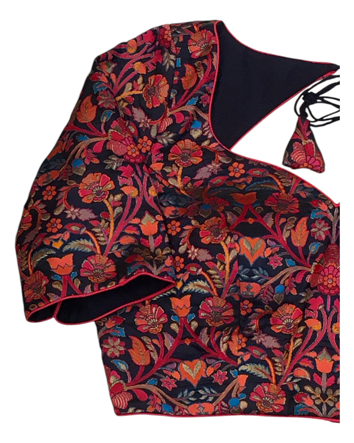 Navy Blue - Red / Orange Banarasi Brocade Saree / Lehenga blouse - 40" Bust (UK 14) Can be let out to size 16  - X1191 01KV25