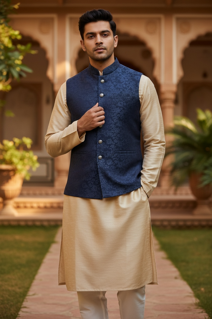 Navy Blue - Self Brocade - Premium Banarasi Handloom Mens Indian Waistcoat - UK Stock - 24 hr Dispatch - VNS2601 03KP26