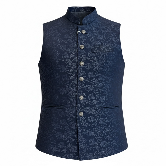 Navy Blue - Self Brocade - Premium Banarasi Handloom Mens Indian Waistcoat - UK Stock - 24 hr Dispatch - VNS2601 03KP26