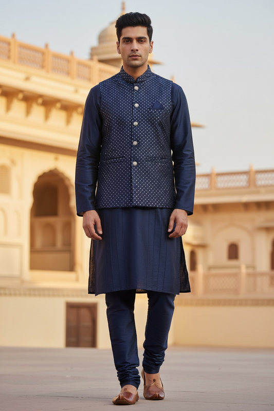 Navy Blue - Sequins All Over Embroidered - Mens Indian Waistcoat - UK Stock - 24 hr Dispatch - KCS4785 03KR26