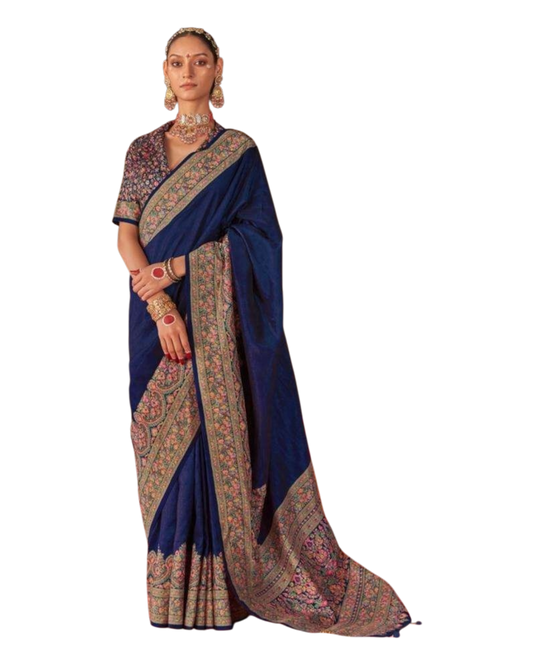 Navy Blue - Traditional Block Printed Dupion Silky Saree with Blouse Piece - UK Stock - 2/3 days Delivery  12KC25 K915