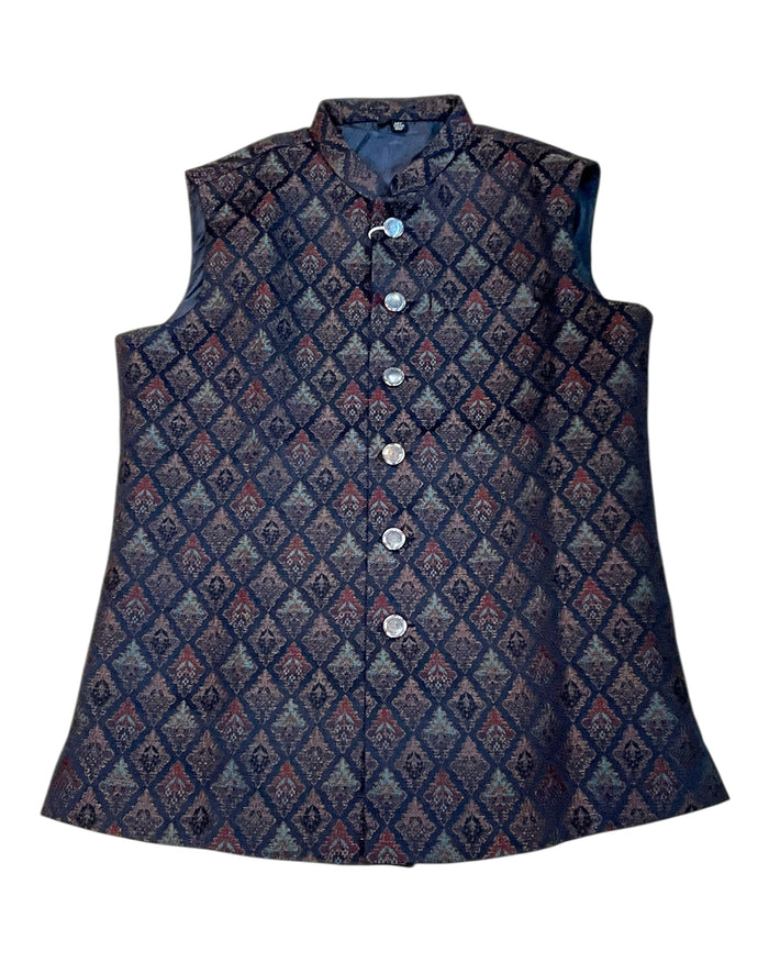 Navy Blue with Contrast Thread Brocade - Premium Mens Waistcoat - VNS-JKT15 10KJ25