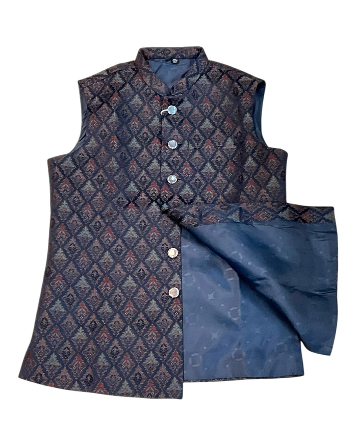 Navy Blue with Contrast Thread Brocade - Premium Mens Waistcoat - VNS-JKT15 10KJ25