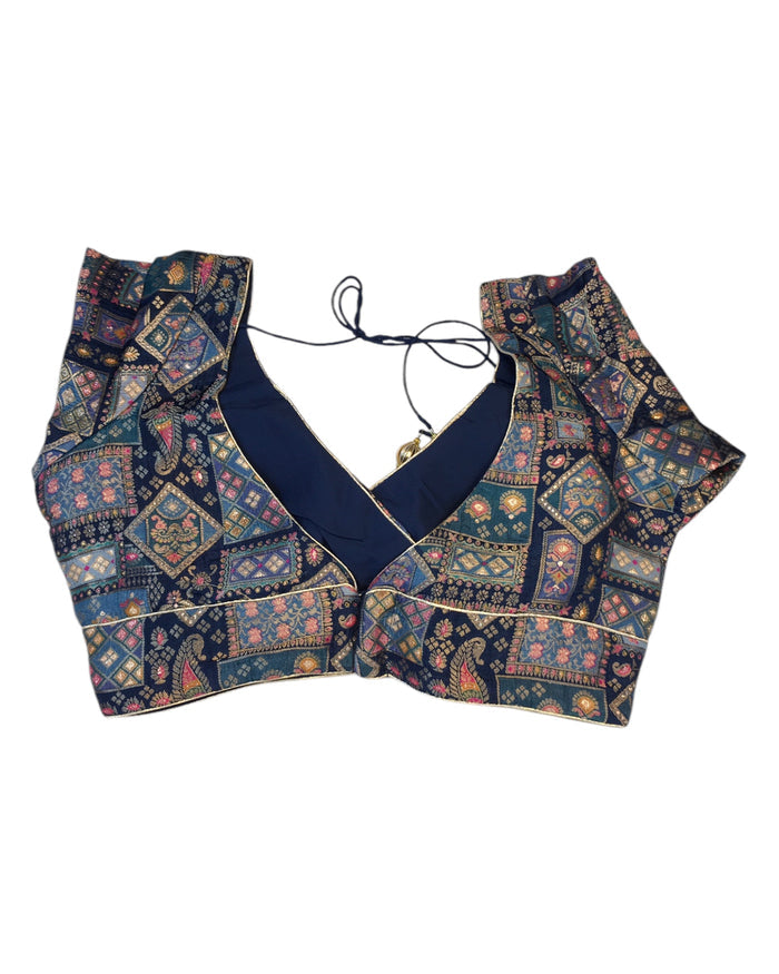Navy Petrol Blue - Banarasi Brocade Saree / Lehenga blouse - 36" Bust (UK 10) Can be let out to size 12  - VFJ204 01KP25
