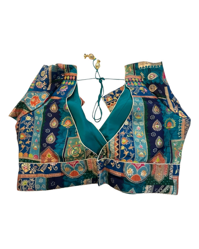 Navy Petrol Blue - Banarasi Brocade Saree / Lehenga blouse - 40" Bust (UK 14) Can be let out to size 16  - VFJ204 01KP25