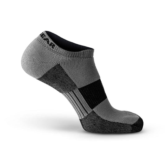Gray and black no-show running sock displayed at an angle, showing cushioned sole and low-cut ankle design