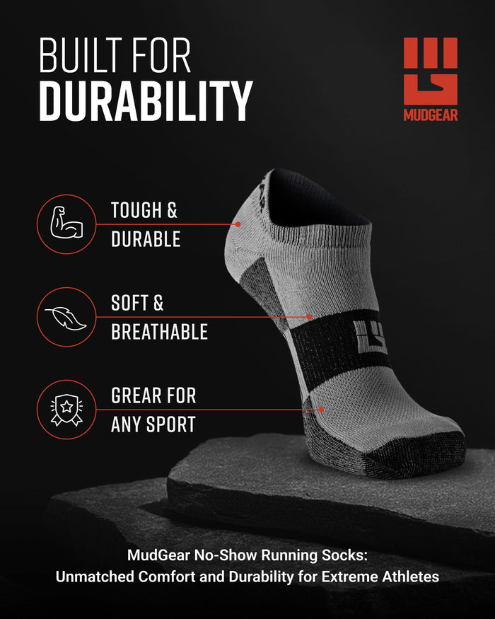 Gray and black no-show running sock displayed on rock, showing durability features and design details