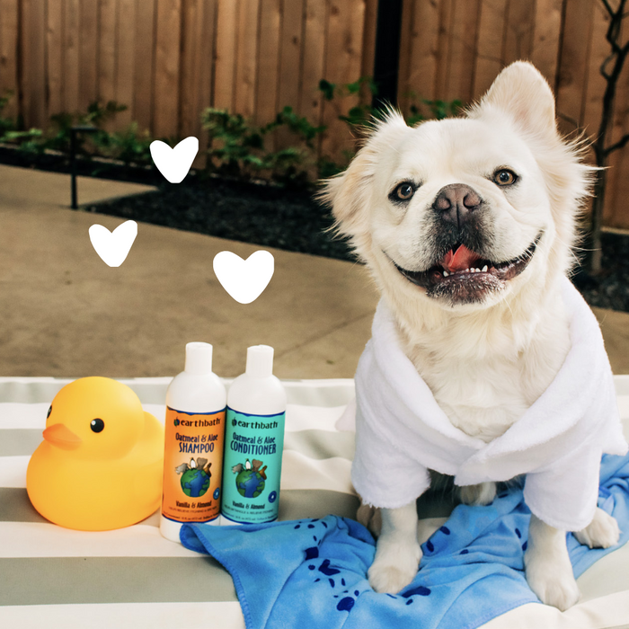 Oatmeal & Aloe Itch Relief Conditioner - Vanilla & Almond Pack next to a dog with hearts
