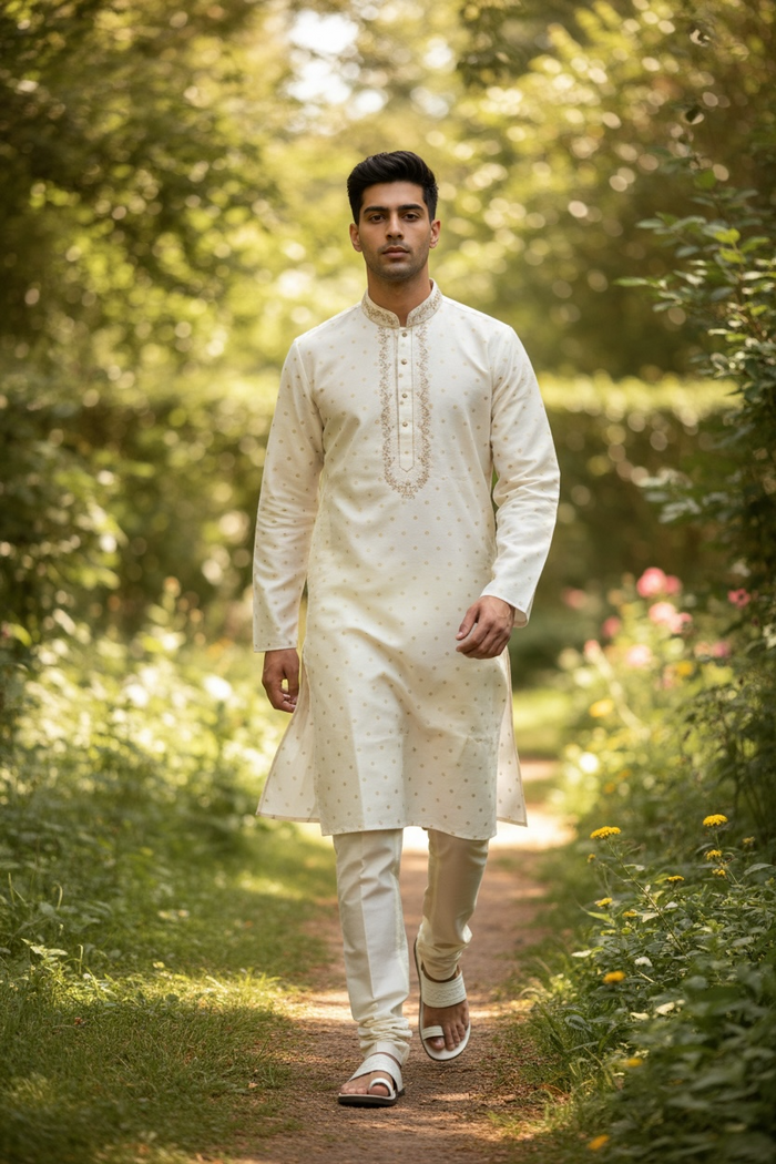 Off White - Self Brocade - Gold Thread Work Mens Kurta Set - Sangeet Mehendi Haldi - KCS2038 03VY26