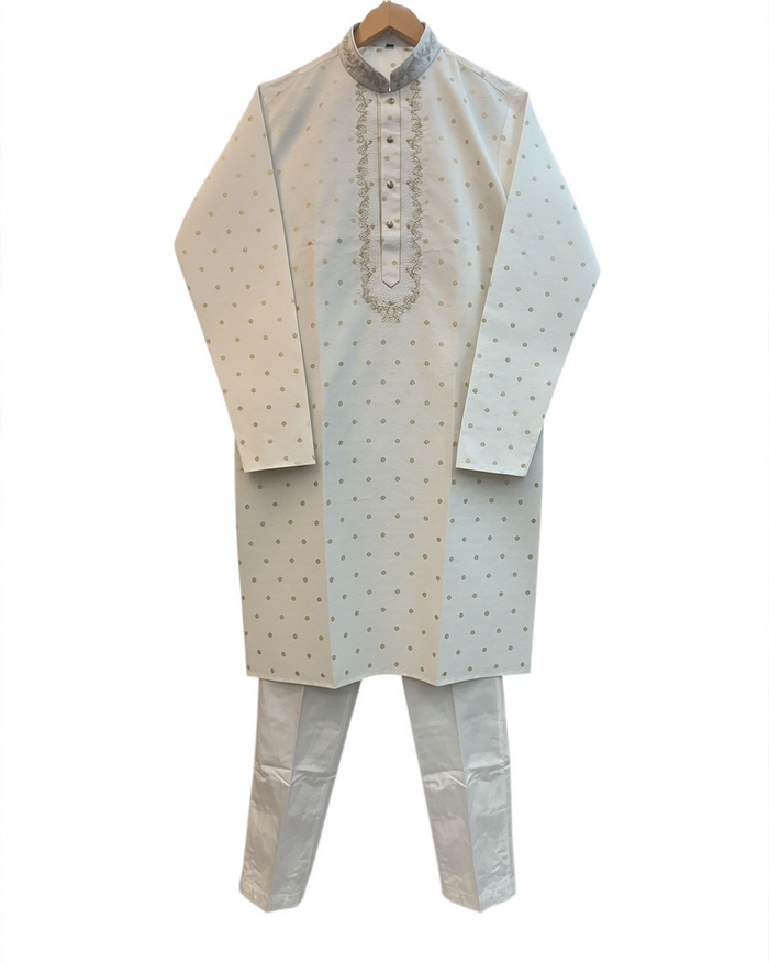 Off White - Self Brocade - Gold Thread Work Mens Kurta Set - Sangeet Mehendi Haldi - KCS2038 03VY26