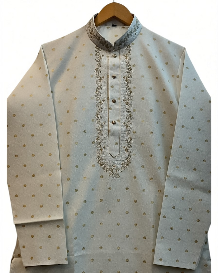 Off White - Self Brocade - Gold Thread Work Mens Kurta Set - Sangeet Mehendi Haldi - KCS2038 03VY26