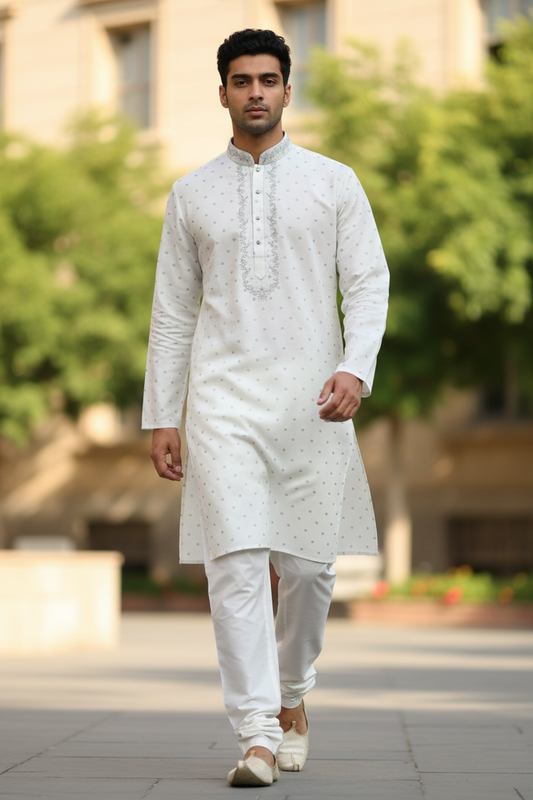 Off White - Self Brocade - Light Blue Thread Work Mens Kurta Set - Sangeet Mehendi Haldi - KCS2038 03VY26