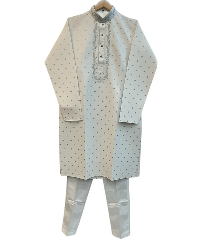 Off White - Self Brocade - Light Blue Thread Work Mens Kurta Set - Sangeet Mehendi Haldi - KCS2038 03VY26