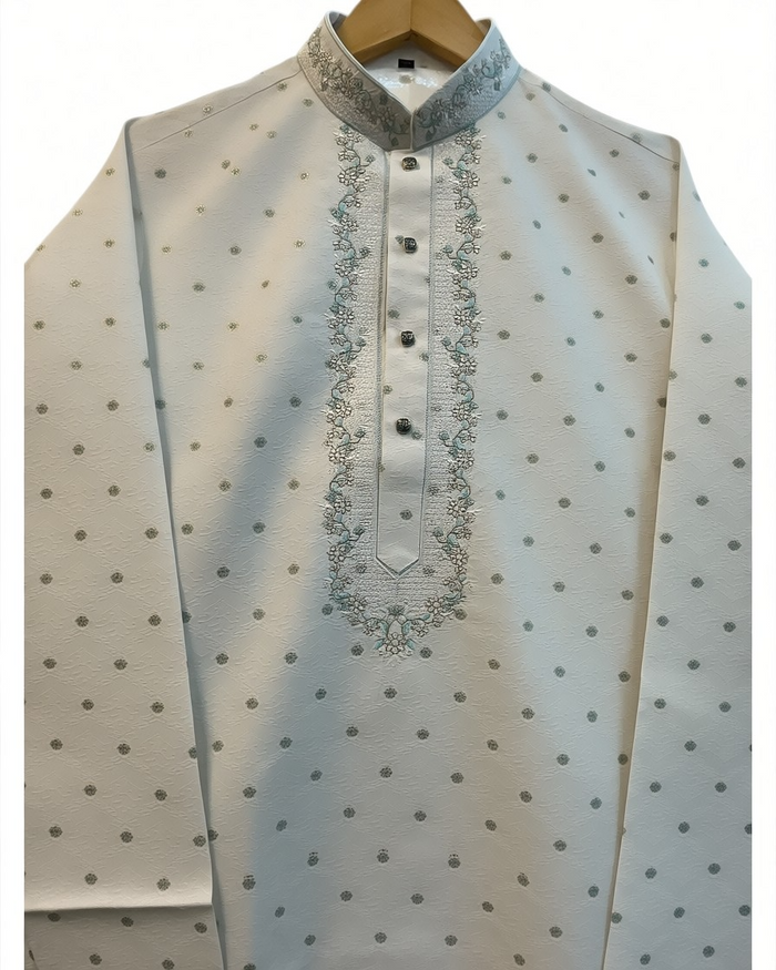 Off White - Self Brocade - Light Blue Thread Work Mens Kurta Set - Sangeet Mehendi Haldi - KCS2038 03VY26