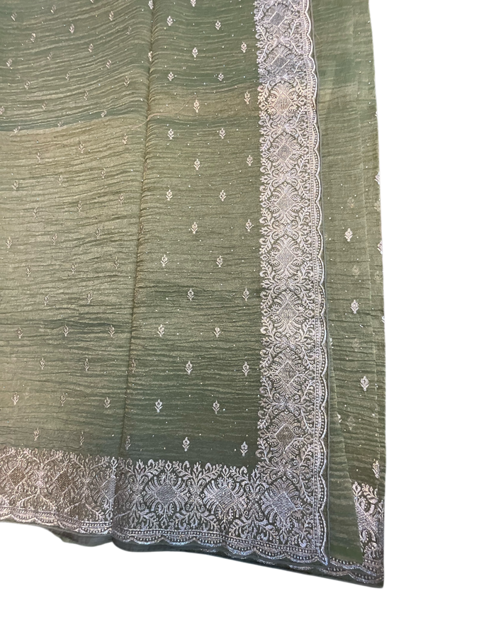 Olive Green - Fancy Party Saree with Blouse Piece - UK stock - 24hr Dispatch - VFU5410 03VR26