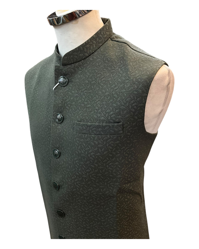 Olive Green Self Brocade - Premium Suede Feel Mens Indian Waistcoat - UK Stock - 24 hr Dispatch - VNS-JKT697/28 10KP25