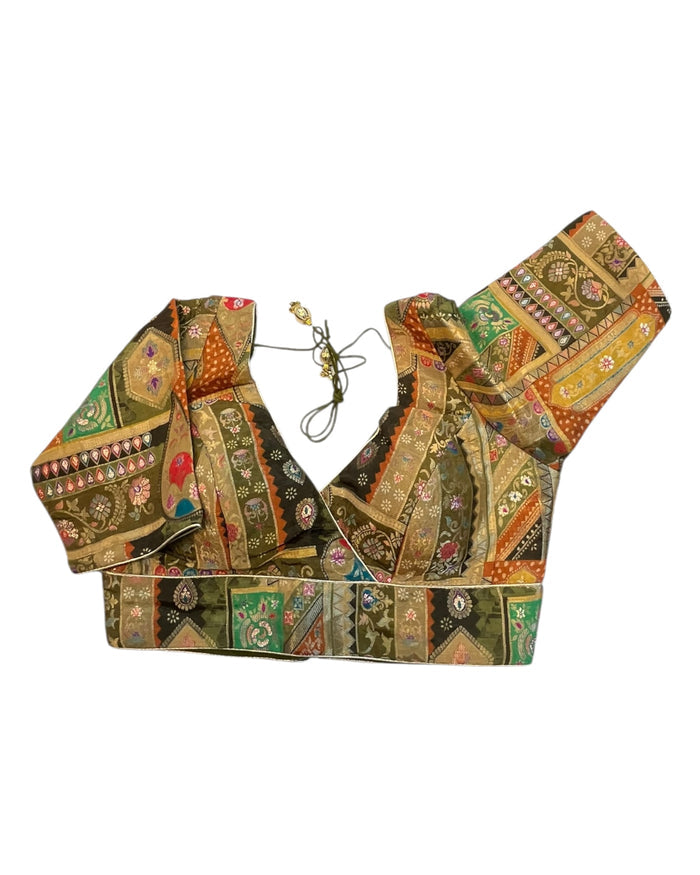 Olive / Mehndi / Henna Green - Banarasi Brocade Saree / Lehenga blouse - 36" Bust (UK 10) Can be let out to size 12  - VFJ204 01KP25