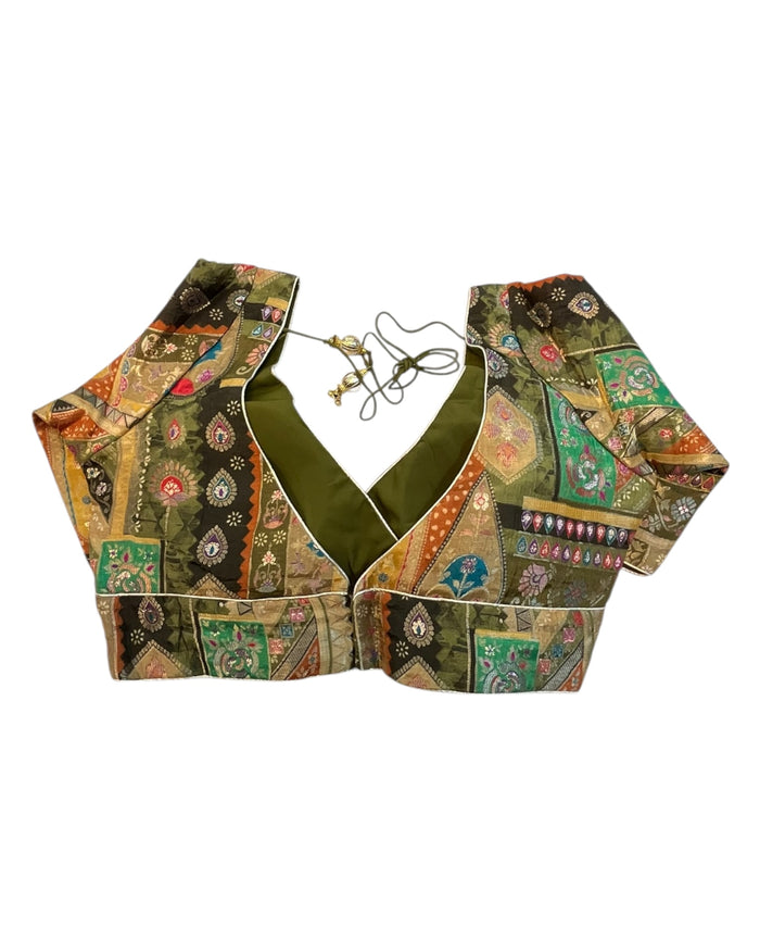 Olive / Mehndi / Henna Green - Banarasi Brocade Saree / Lehenga blouse - 36" Bust (UK 10) Can be let out to size 12  - VFJ204 01KP25