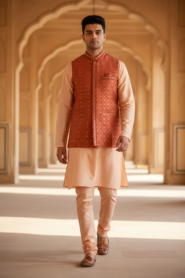 Orange - Mirror Work All Over Embroidered - Mens Indian Waistcoat - UK Stock - 24 hr Dispatch - KCS4782 03KP26