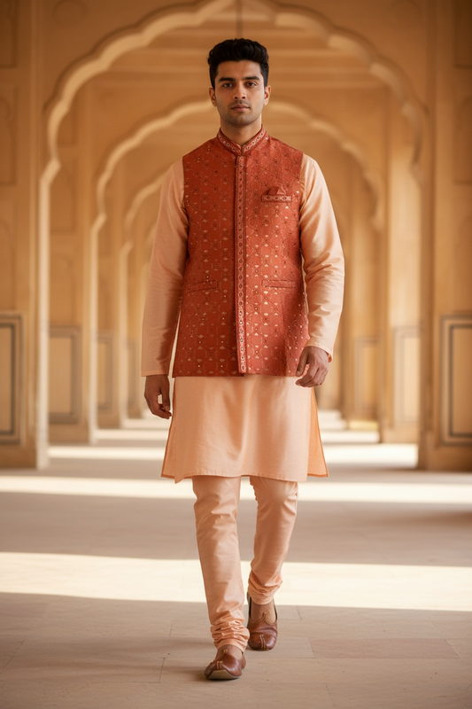 Orange - Mirror Work All Over Embroidered - Mens Indian Waistcoat - UK Stock - 24 hr Dispatch - KCS4782 03KP26