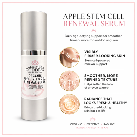 Organic apple stem cell anti-aging serum by Glimmer Goddess® Organic Skin Care, showing a clear glass serum bottle with dropper.