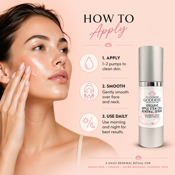 Organic Apple Stem Cell Anti-Aging Serum from Glimmer Goddess® Organic Skin Care, shown in a dropper bottle with apple extract ingredients.