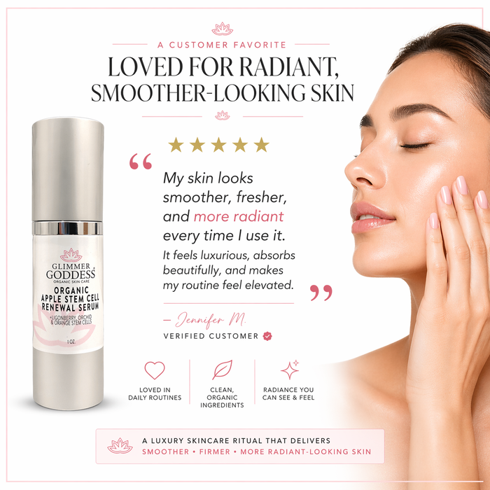 Organic apple stem cell serum by Glimmer Goddess® Organic Skin Care, showing a dropper and serum bottle for anti-aging skincare.