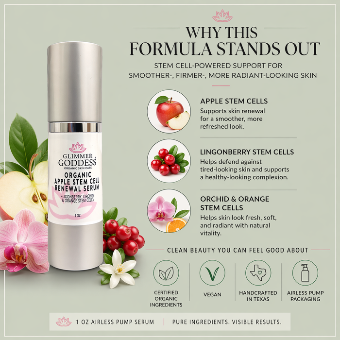 Organic Apple Stem Cell Anti-Aging Serum by Glimmer Goddess® Organic Skin Care, showing the serum bottle and natural ingredients.