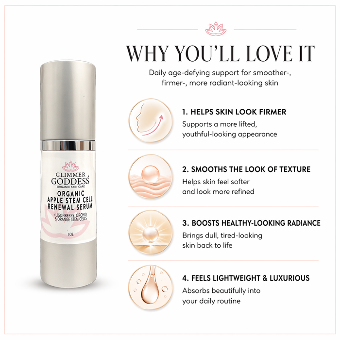 Organic apple stem cell serum by Glimmer Goddess showing a sleek dropper bottle and fresh apple slices, highlighting anti-aging skincare benefits.