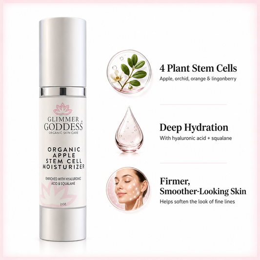 Glimmer Goddess organic skincare product with text on deep hydration and plant stem cells.