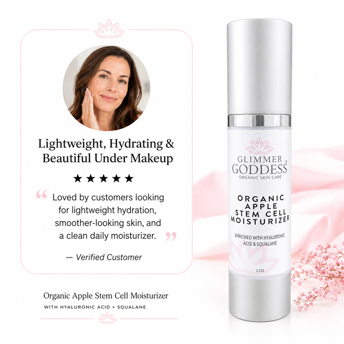 Ultra-realistic testimonial image for Glimmer Goddess® Organic Apple Stem Cell Moisturizer in a white airless pump bottle with silver accents, featuring a verified customer review, five-star rating, and clean beauty messaging about lightweight hydration, apple stem cell care, hyaluronic acid, squalane, and smoother-looking skin.