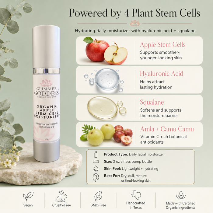 Premium ingredient and product specs infographic for Glimmer Goddess® Organic Apple Stem Cell Moisturizer in a 2 oz white airless pump bottle with silver accents, featuring apple stem cells, hyaluronic acid, squalane, Amla, Camu Camu, vegan clean beauty trust symbols, Certified Organic Ingredients, and handcrafted in Texas skincare messaging.