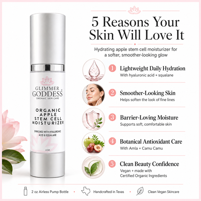 Premium key benefits infographic for Glimmer Goddess® Organic Apple Stem Cell Moisturizer in a 2 oz white airless pump bottle with silver accents, featuring lightweight hydration, hyaluronic acid, squalane, smoother-looking skin, moisture barrier support, Amla, Camu Camu, vegan clean beauty, Certified Organic Ingredients, and handcrafted in Texas skincare messaging.