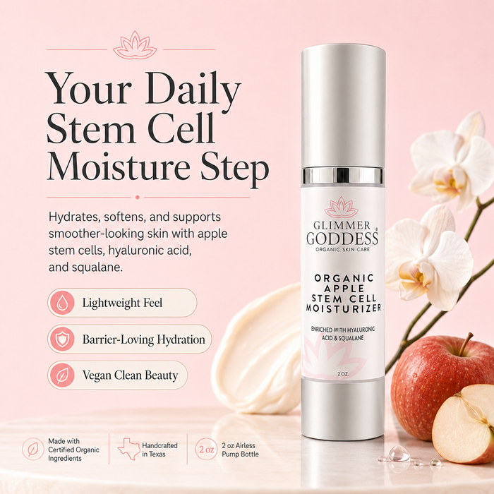 Premium special call-out image for Glimmer Goddess® Organic Apple Stem Cell Moisturizer in a 2 oz white airless pump bottle with silver accents on a Cotton Candy pink background, highlighting daily stem cell moisture, apple stem cells, hyaluronic acid, squalane, lightweight hydration, smoother-looking skin, vegan clean beauty, Certified Organic Ingredients, and handcrafted in Texas skincare.