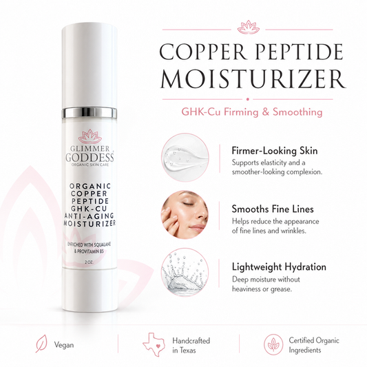 Organic Copper Peptide Moisturizer by Glimmer Goddess® shows a sleek jar with smooth, creamy moisturizer inside on a natural background.