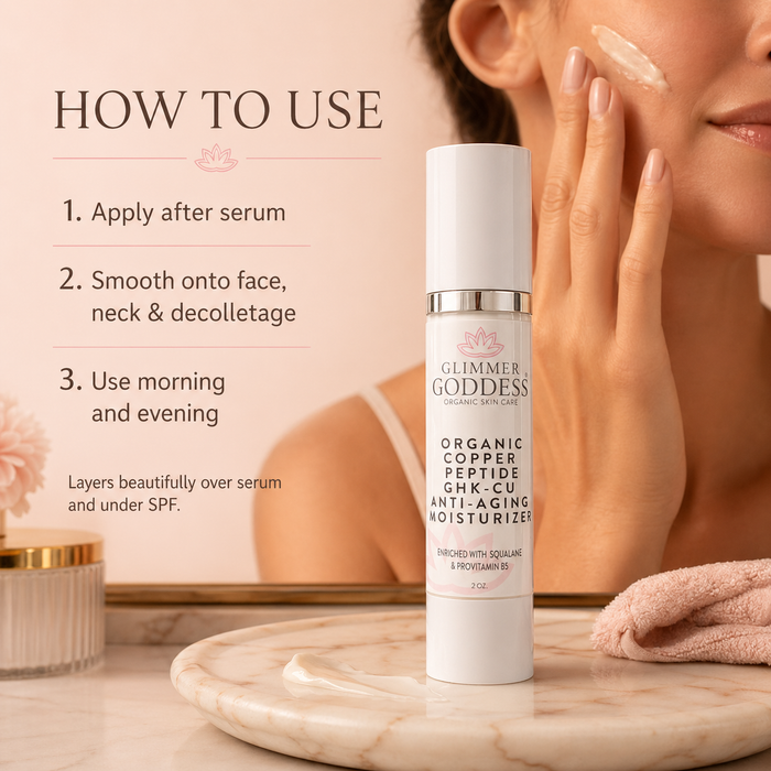 Organic Copper Peptide Moisturizer by Glimmer Goddess® for firming and smoothing skin, shown in a sleek jar with a silver lid.