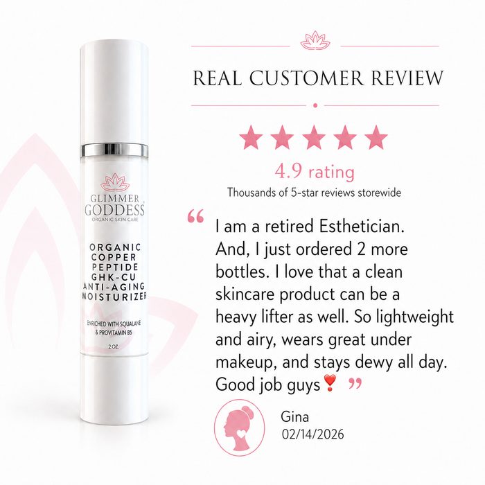 Organic copper peptide moisturizer by Glimmer Goddess® Skin Care, showing the smooth, firming cream in a sleek jar.