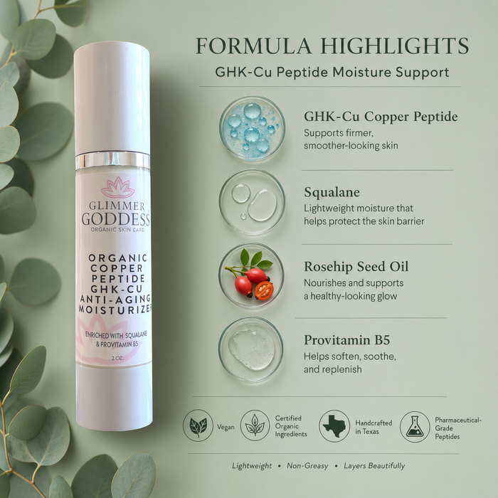 Glimmer Goddess Organic Copper Peptide Moisturizer for firming and smoothing skin, displayed in a sleek jar.